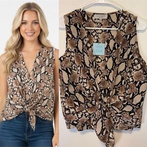 Hayden Sleeveless Tie-Front Snake Print Top in Brown